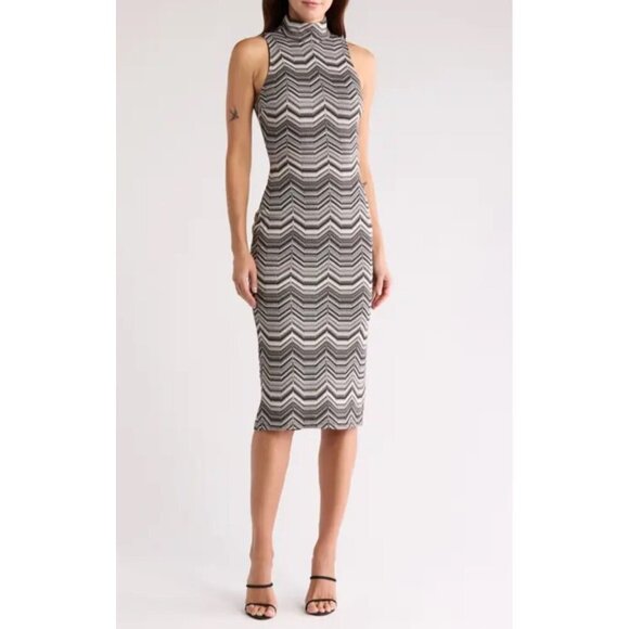 NWT‎ Ramy Brook Peggy Mock Neck Sleeveless Tube Dress Black Chevron Knit Midi, S - Picture 1 of 11